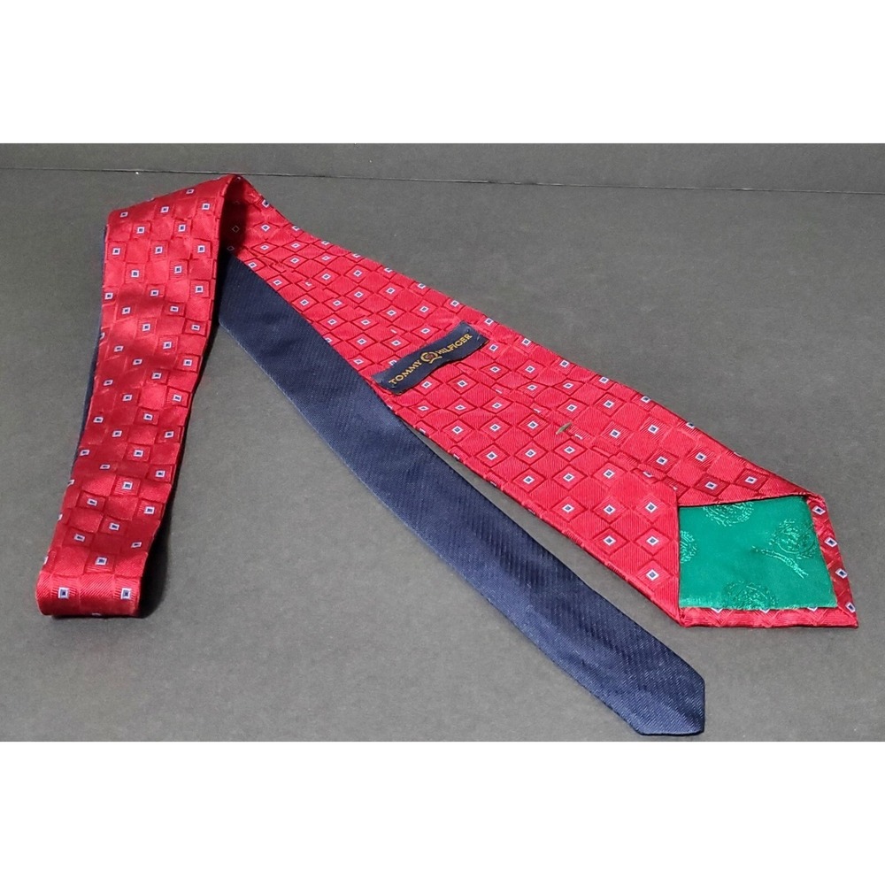 Tommy Hilfiger Mens Silk Tie Red Navy Emerald Green‎ Logo Lined 58"